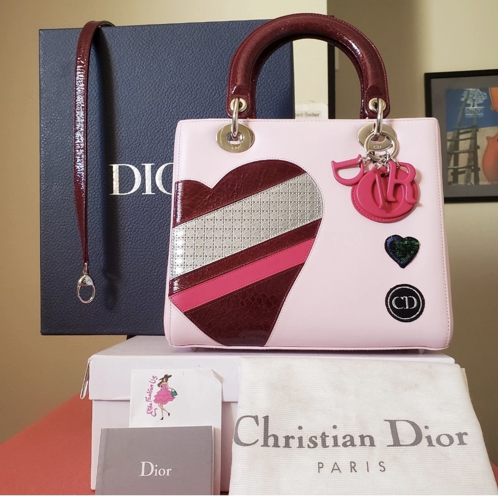 Lady Dior Pink and Burgundy Heart Motif Tote Bag